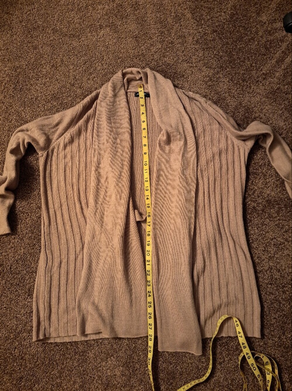 Notations Open-Front Ribbed Draped Cardigan Sweater With Shawl Collar - Taupe - Picture 6 of 7